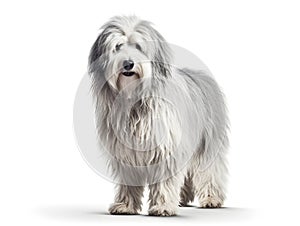 Old English Sheepdog, a large dog with a long gray tail and a body with white fur. Generative AI