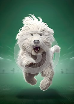 Old English Sheepdog running and jumping.