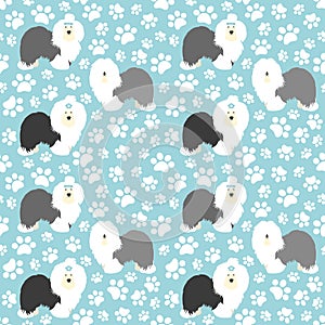 Old English Sheepdog seamless pattern background with hand drawn paws. Cute cartoon long haired dog background.