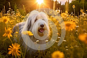 Old english sheepdog standing in meadow field surrounded by vibrant wildflowers and grass on sunny day ai generated