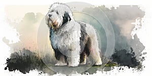 Old English Sheepdog. Watercolor painting.