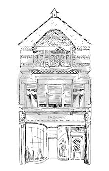 Old English town house with small shop or business on ground floor. Bond street, London. Sketch photo