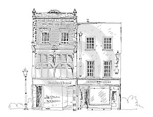 Old English town house with small shop or business on ground floor. Sketch collection