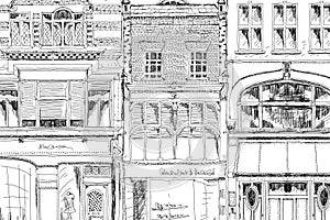 Old English town houses with small shops or business on ground floor. Bond street, London. Sketch