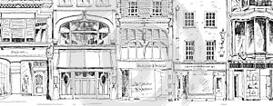 Old English town houses with small shops or business on ground floor. Bond street, London. Sketch