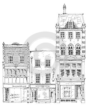 Old English town houses with small shops or business on ground floor. Bond street, London. Sketch photo
