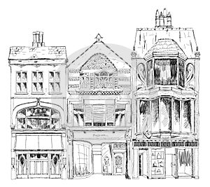 Old English town houses with small shops or business on ground floor. Bond street, London. Sketch collection photo