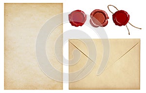 Old envelope and letter paper with wax seal stamps set isolated