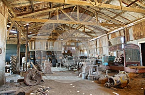 Old equipment and tools inside a building of Humberstone, Chile