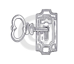 Old etched key inside lock, keyhole unlocking ancient door. Outlined contoured engraved drawing in retro style. Vintage