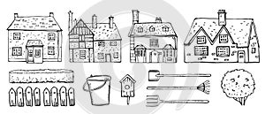 Old Europe coutryside houses, plants and garden tools. Vector sketch outline hand drawn illustration