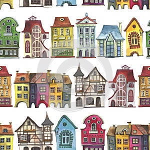 Old europe houses seamless pattern on white