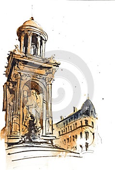 Old European city building raster watercolor illustration