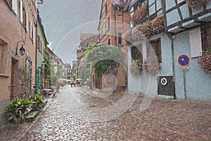 Old European cobbled street, Alsace, France