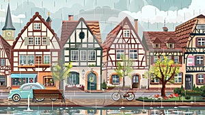 An old European street with traditional buildings and rain. Modern illustration of wet neighborhood with traditional