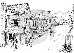 Old european village. Najac France. Ink sketch.