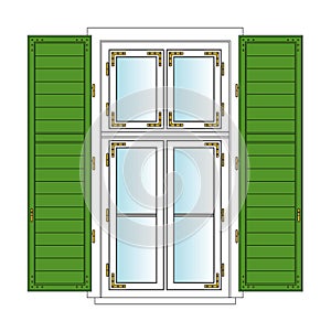 Old European Window with shutters, 1900, Wood and Brass Hardware, White Laquered