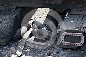 Old exchanged wooden railway sleepers stored for further use