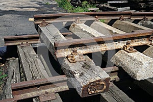 Old exchanged wooden railway sleepers stored for further use