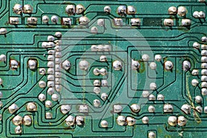 Old exposed green motherboard circuit