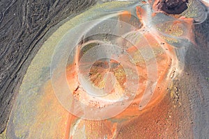 Old extinct inactive craters on the slope of the volcano Etna with tourist trails, aerial top view