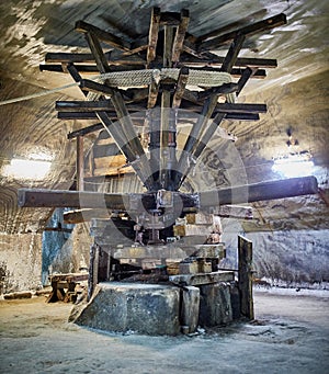 Old extraction machinery in a salt mine