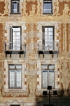 Old facade Building Windows with Balcony Art painting Historical Architecture detail Barcelona Spain