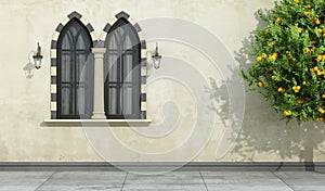 Old facade with mullioned gothic window photo