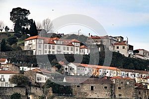 Old facades of port wine cellars in Vila Nova de Gaia