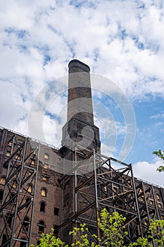 Old factory building in Domino park sign in Williamsburg, New York