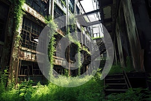 An old factory covered in dense foliage and overrun with vegetation.