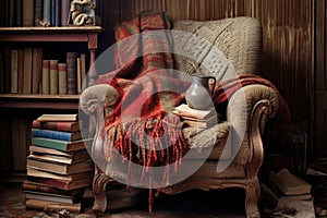 an old, faded armchair with a crochet throw blanket and a stack of classic novels