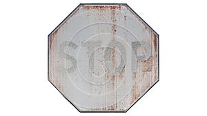 Old faded roadsign \'Stop\' isolated on white