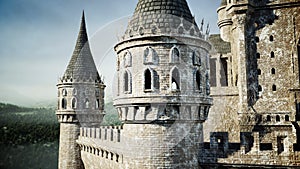 Old fairytale castle on the hill. aerial view. 3d rendering.