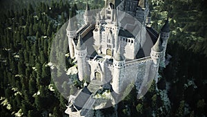 Old fairytale castle on the hill. aerial view. 3d rendering.