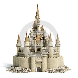 Old fairytale castle on the hill isolated on white.