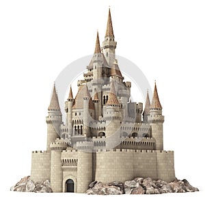 Old fairytale castle on the hill isolated on white.