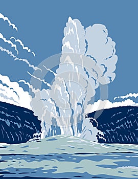 The Old Faithful Cone Geyser in Yellowstone National Park in Wyoming United States of America WPA Poster Art