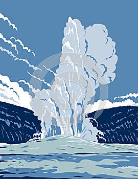 The Old Faithful Cone Geyser in Yellowstone National Park in Wyoming United States of America WPA Poster Art photo