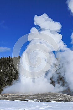Old Faithful Geyser erupting in winter at Yellowstone National Park