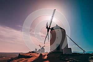 Old famous and touristic Windmills in La Mancha Consuegra, Spain near Toledo on the sunrise sunset.