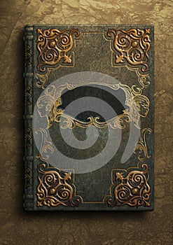 Old fantasy book cover with intricate decorations