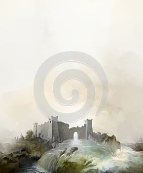 Old Fantasy tower ruins flood illustration