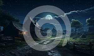 Old farm at night, ancient rural landscape with moon and stars, illustration generated by ai