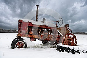 Old Farm Tractor, Snow, Winter