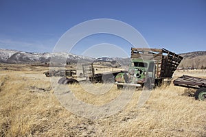 Old farm truck in a field of junk