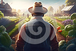 Old farmer in his vegetable garden, illustration AI