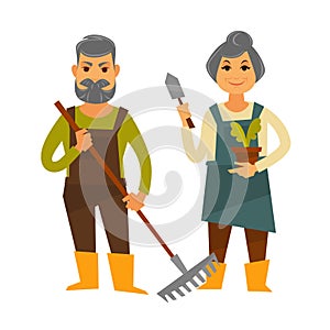 Old farmer man and woman vector farm agriculture flat illustration