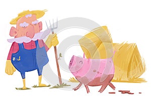Old farmer and a pig