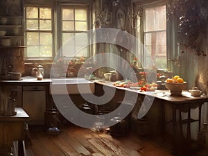 old farmhouse kitchen with pots and jars stacked on shelves and food on a wooden table in morning sunlight.
